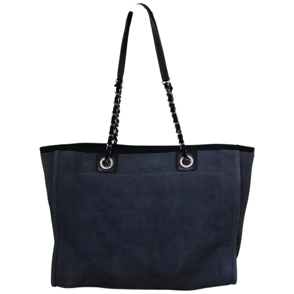 Chanel Deauville Tote Bag Denim Slate Blue Canvas Navy Trim Silver Hardware